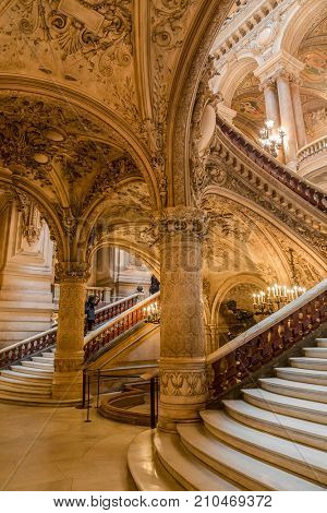 Paris, France, March 31 2017: Interior view of the Opera National de Paris Garnier, France. It was built from 1861 to 1875 for the Paris Opera house.