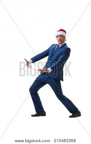 Young busnessman wearing santa hat in christmas concept on white