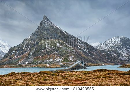 Fredvang Bridges in winter. Lofoten islands, Norway