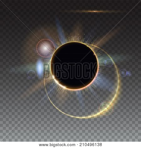 Solar eclipse, abstract light-rays of light. Blurred light rays and lens flare backdrop. Star burst with sparkles. The planet covering the Sun. Isolated on transparent background.