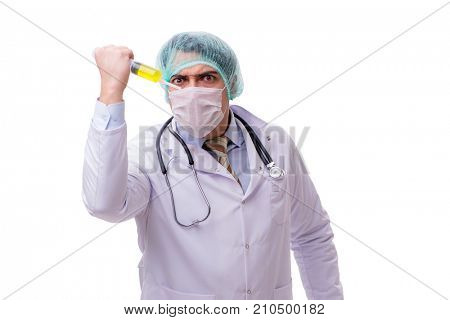 Funny doctor with syringe isolated on white