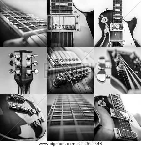 Rock guitar. Collage of close-up view parts of guitar, very popular musical instrument of the world.