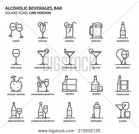Alcoholic Beverages, Square Icon Set