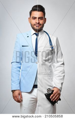Portrait of a young handsome bearded man dressed as a businessman and as a doctor medicine healthcre vitality living profession occupation success leadership entrepreneur practitioner concept.