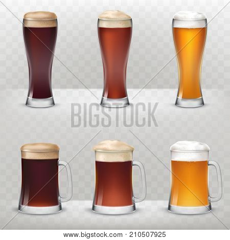 A set of vector illustrations in a realistic style of mugs and tall glasses of unfiltered, dark and light beer isolated against a gray background.