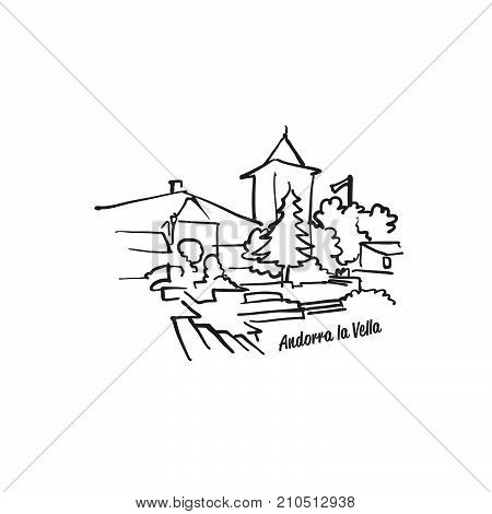 Andorra De La Vella Famous Skyline Sketch