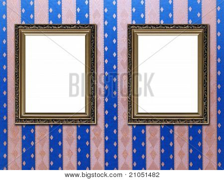 Due cornici vecchio stile Vintage ornamento d'oro su sfondo texture carta da parati rosa e blu