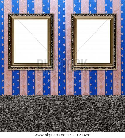 Due cornici vecchio stile Vintage ornamento d'oro su carta da parati rosa e blu con texture e pavimento tessile B