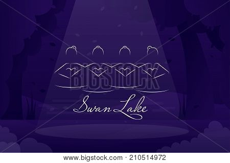 Swan lake vector illustration with ballerinas silhouettes on the dark stage background. Ballet vector banner