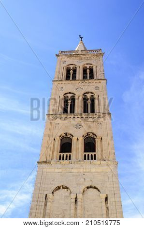 An ancient tower against the sky. Close-up.