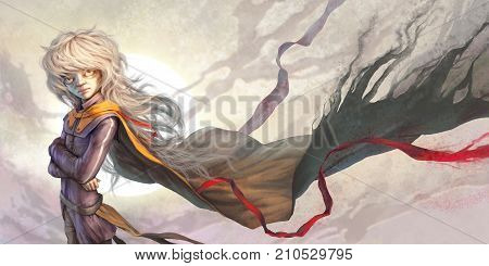 The boy with long hair in raincoat