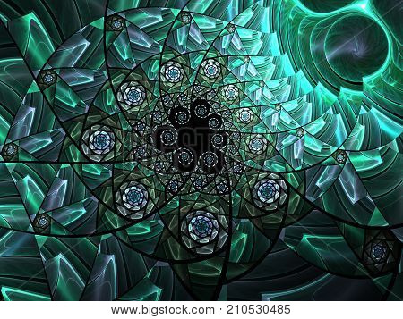 Spiral mosaic fractal pattern. Floral mosaic stain glass composition in green tone
