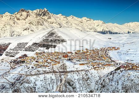 Spectacular winter landscape and mountain ski resort in French Alps, Alpe D Huez, France, Europe