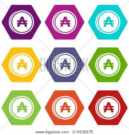 Coin austral icon set many color hexahedron isolated on white vector illustration