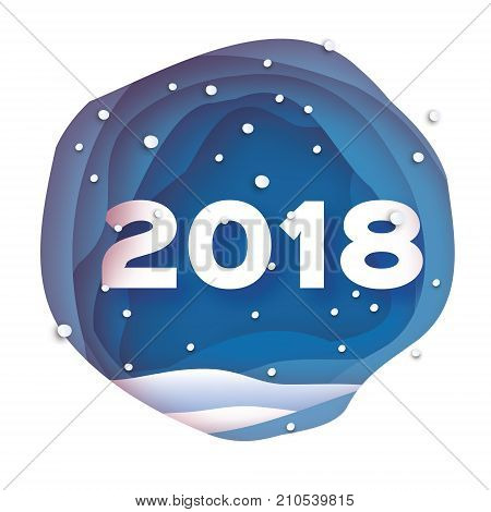 2018 Happy New Year Background. Blue Greetings Card for Christmas invitations. Paper cut snow flake. Circle cave frame. Text. Origami Mountains. Landscape. Vector illustration.