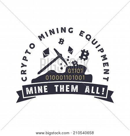 Crypto mining equipment emblem. Crypto currency label and concept. Digital assets logo. Vintage han drawn monochrome design. Technology patch. Stock vector illustration isolated on white background.