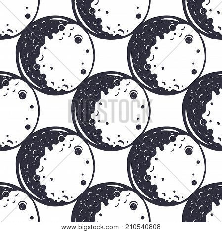 Moon seamless pattern. Monochrome. Vintage hand drawn design. Space theme, symbols. Stock vector illustration isolated on white background.