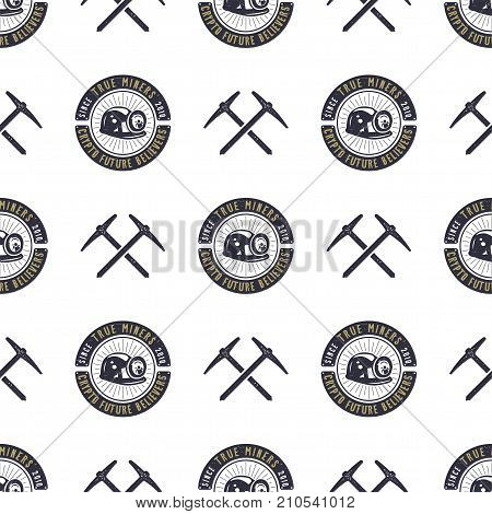 Crypto Mining concept seamless pattern, pickaxe and bitcoin wallpaper, crypto concept. Digital assets background. Vintage han drawn monochrome design. Stock vector illustration isolated