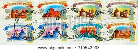 GOMEL, BELARUS, 13 OCTOBER 2017, Stamp printed in Russia shows image of the Russian kremlins, circa 2009.