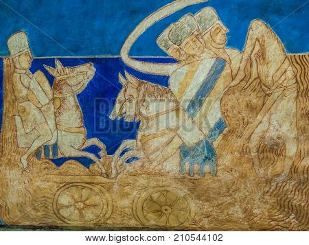 The transition of the Red Sea. The soldiers are drowning. Wall painting in Bjaresjo churh Sweden Sept 04 2014