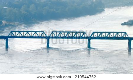 Side view on old railway truss swing pan bridge over the Han river in Wuhan Hubei China