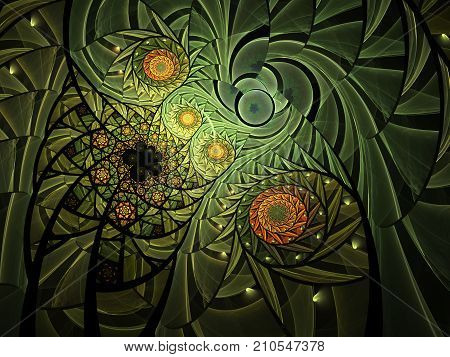 Spiral mosaic fractal pattern. Floral mosaic stain glass composition in green tone