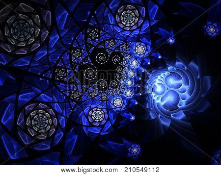 Spiral mosaic fractal pattern. Floral mosaic stain glass composition in blue tone