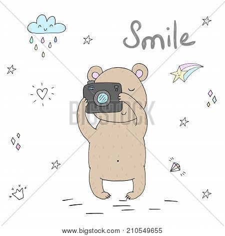 vector card with cute hand drawn bear and camera. vector print.