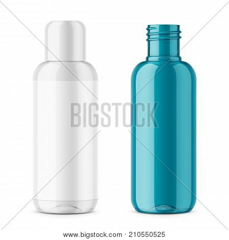 Transparent plastic cosmetic bottle with blank label. 200 ml. Cosmo round style. For lotion, body milk, shampoo etc. Photorealistic packaging mockup template. Vector 3d illustration.