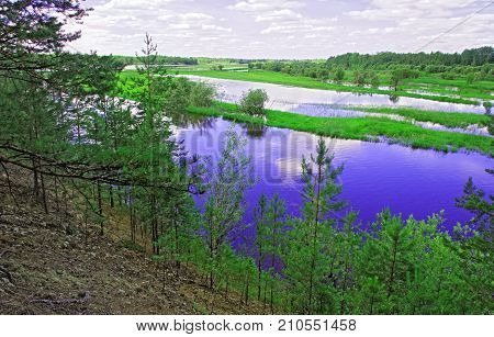 The valley of the Siberian river Konda on a sunny summer day