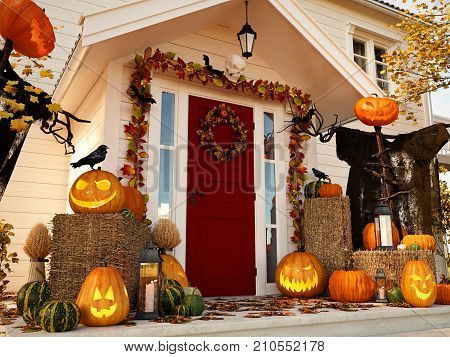3d rendering. halloween decorated front door with various size and shape pumpkins
