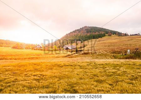 Meadows around Bukovec mountain above Jizerka village in autumn, Czech Republic.