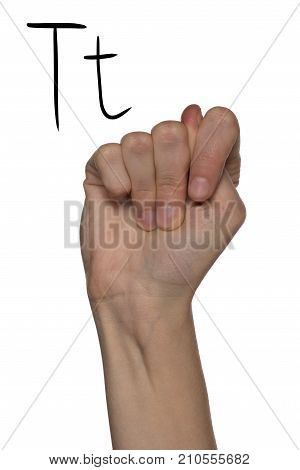 Alphabet for deaf-mutes people with hand gestures and a number letter on a white background
