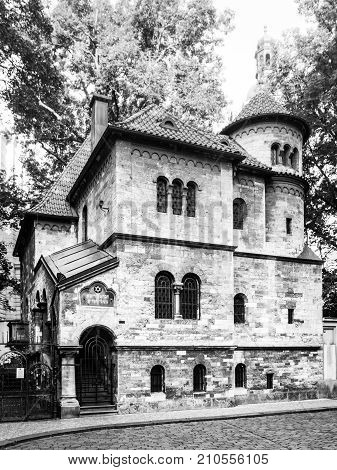 Ceremonial Hall near Jewis cemetery in Josefov quarter, Old Town of Prague, Czech Republic. Black and white image.