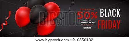 Black Friday Sale Web Banner. Dark background with red and black balloons for seasonal discount offer. Promo Vector illustration with confetti and serpentine.