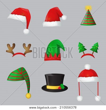 Christmas festive collection of cute celebration new year and christmas ornament hat and headband, santa hat, deer horn, fur tree, elf cap