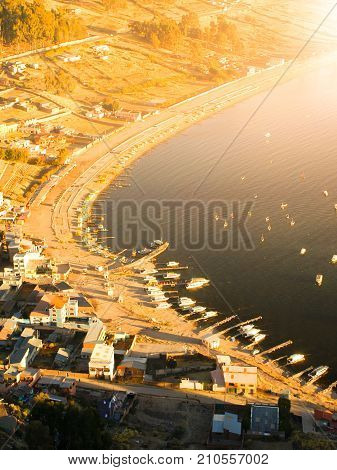 Aerial view of Titicaca lake bay in Copacabana, Bolivia, South America.