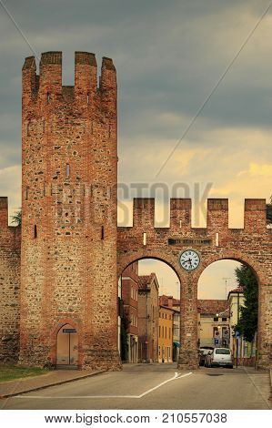 Montagnana, Italy - August 6, 2017: A Fortified City Wall Made Of Red Brick.