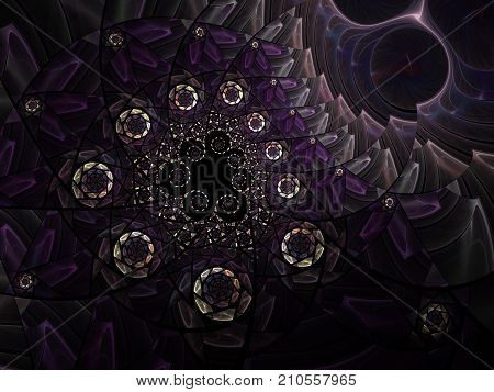 Spiral mosaic fractal pattern. Floral mosaic stain glass composition in violet and grey tone