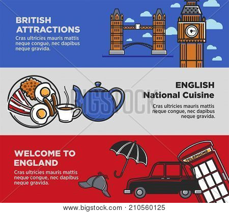 England travel tourism symbols and famous culture landmark or attractions. Vector UK British flag, cuisine food and drinks, Big Ben Tower or London Bridge and royal guard, telephone booth and taxi cab