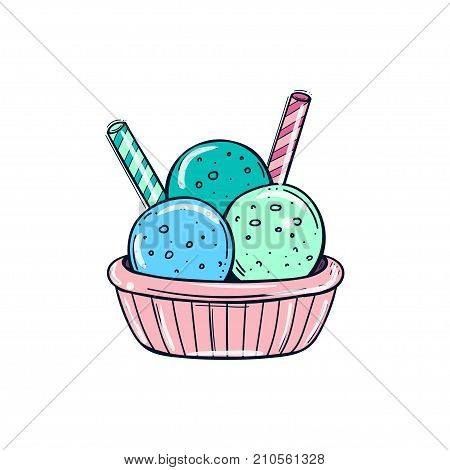 ice cream balls with wafer tubule, colorful vector retro illustration, vector isolated on white background