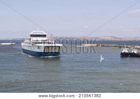 Kosa Chushka, Temryuk district, Krasnodar region, Russia - July 18, 2017: Ferry 