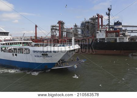 Kosa Chushka, Temryuk district, Krasnodar region, Russia - July 18, 2017: Ferry 