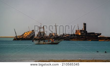 Panorama of Berbera port and beach with boats Somalia
