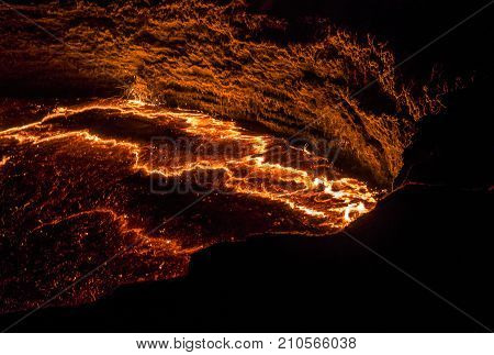 Panorama of Erta Ale volcano crater melting lava Danakil depression Ethiopia