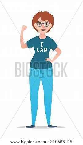 Cartoon woman with glasses in t-shirt with i can lettering. Vector character