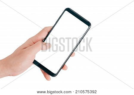 Smartphone Mock up, Hand holding mobile phone and using touching screen isolated on white background with clipping path for design.
