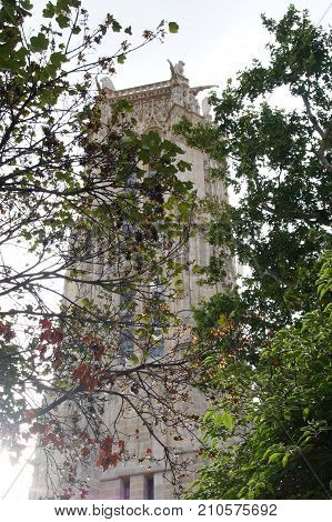 The Tower holy Jacques - Paris, France - Photo taken outdoor, of day and without character. Tourist place. The tower Saint Jacques is an isolated tower, built between 1509 and 1523, raised (drawn up) in the middle of the first Parisian public garden, whic
