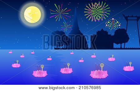 Loy Krathong festival in full moon night at Thailand.