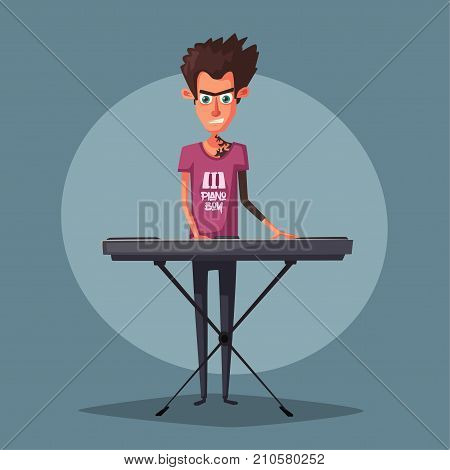 Electronic music Synthesizer instrument. Cartoon vector illustration. Keyboardist person. Character design